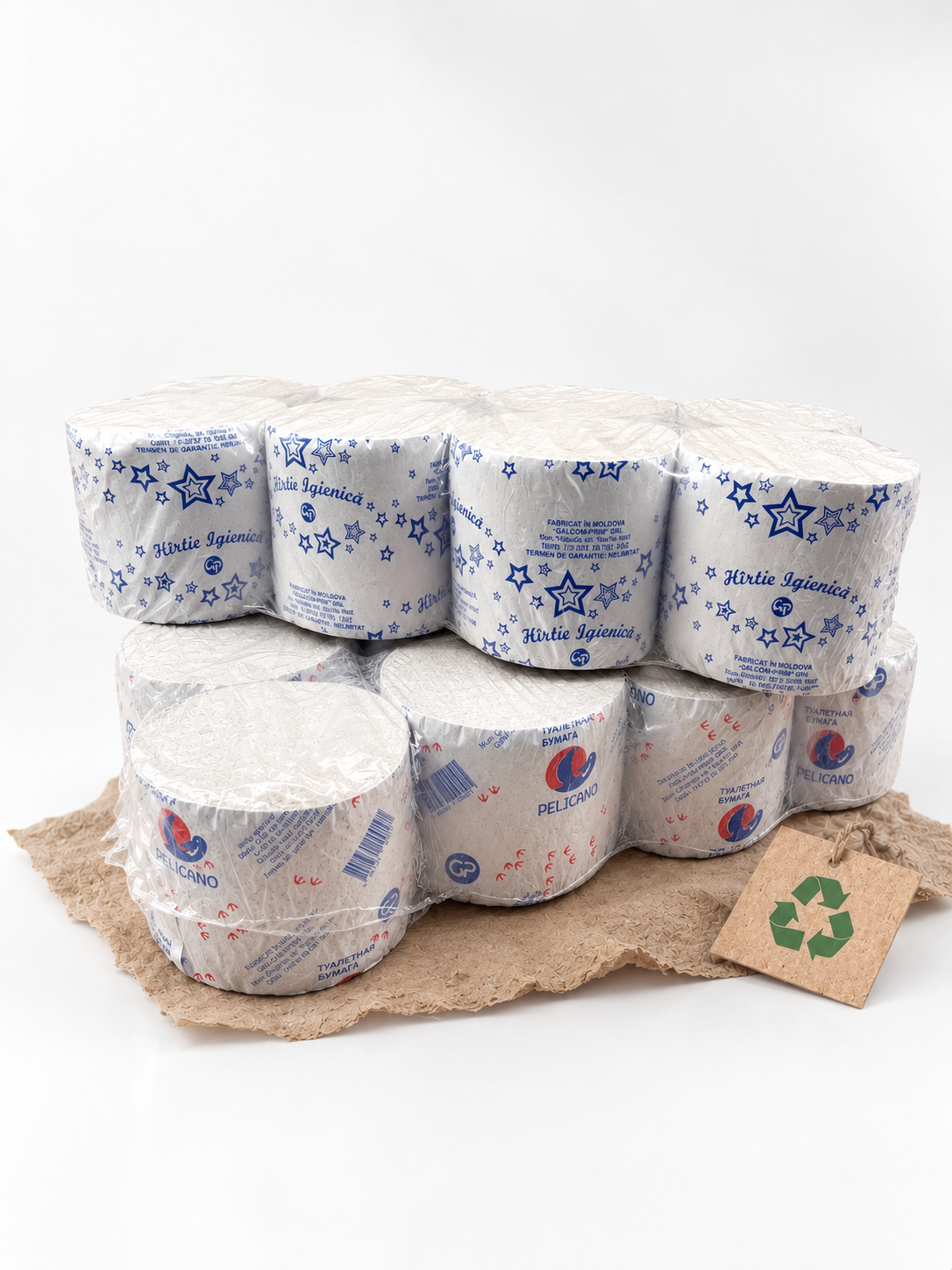 Stack of economy class white toilet paper rolls with simple packaging for commercial use