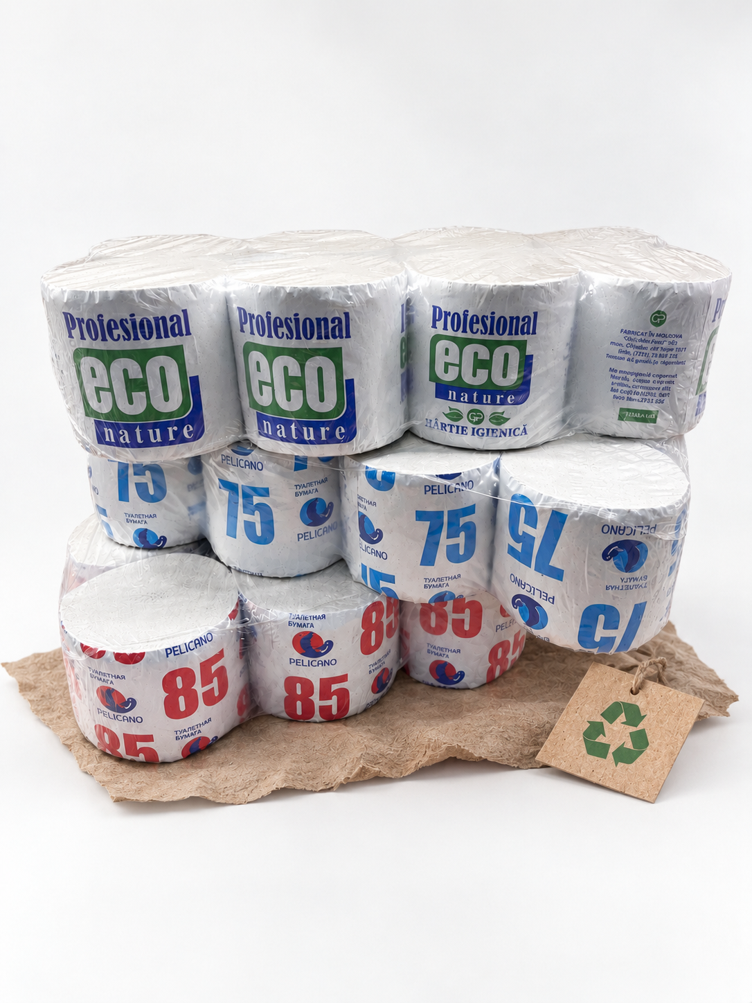 Standard quality toilet paper rolls with colorful packaging arranged in retail display format